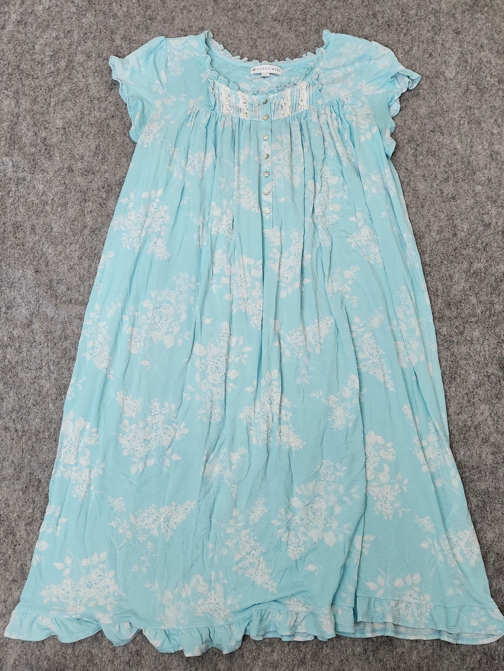 EILEEN WEST Ruffle Lace Nightgown Cap Sleeves Women's L Blue Floral Knit Modal